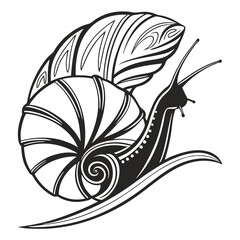 Snail with decorative shell crawls slowly in the line art style