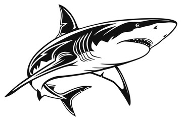 Bold shark swims forward in a monochrome emblem with a toothy grin displayed