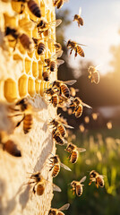 Macro of Honey Bees on a Golden Hive. Concept of collaborative pollination
