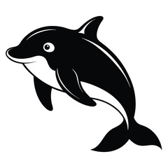 Cheerful black and white dolphin leaps playfully upwards, creating a simple nautical design
