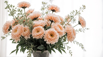 Obraz premium Pink flowers in a vase on a bright background indoors 