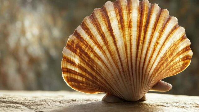 A detailed view of a shell sitting on top of a rock, with the surrounding texture and color visible.