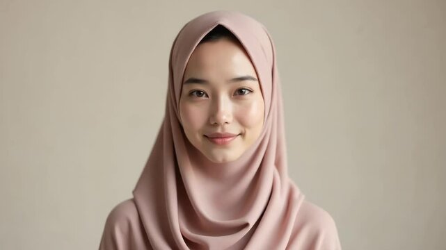 Portrait of young woman wearing hijab. Close up image shows smiling Muslim woman in light pink headscarf.  This image is perfect for representing diversity and inclusion in marketing campaigns.