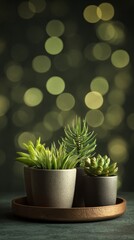 Succulent Plants in Decorative Pots With Blurred Lights in the Background During Evening