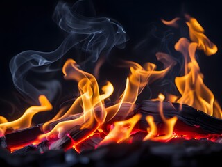 Fototapeta premium Close-Up of Intense Flickering Fire Flames with Glowing Embers and Wisps of Smoke Against a Deep Black Background