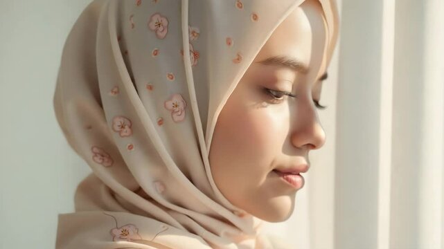 Woman wearing peach floral hijab near window. Light peach hijab with floral pattern is stylish accessory. This peach hijab photo is perfect for fashion blogs and online shops.