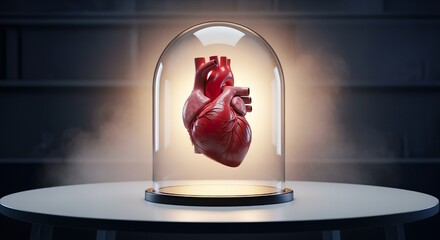 A realistic 3D model of a human heart encased in a glass dome, spotlighted in a dark scientific or medical environment.