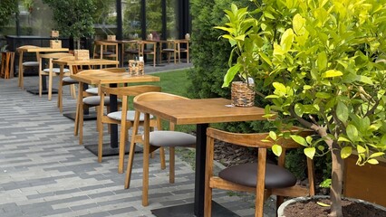 summer cafe in the park, wooden tables, green grass, glass, a place for outdoor recreation