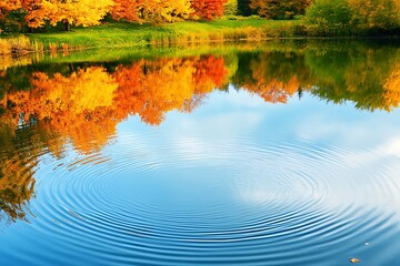 A peaceful lake reflecting vibrant autumn foliage, with gentle ripples in the water.