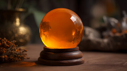 A glowing crystal ball on a wooden stand suggesting fortune telling and mystical arts for spirituality and divination