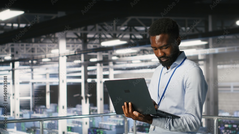 Poster data center engineering team on industrial platform collaborating to maintain blade servers. technic