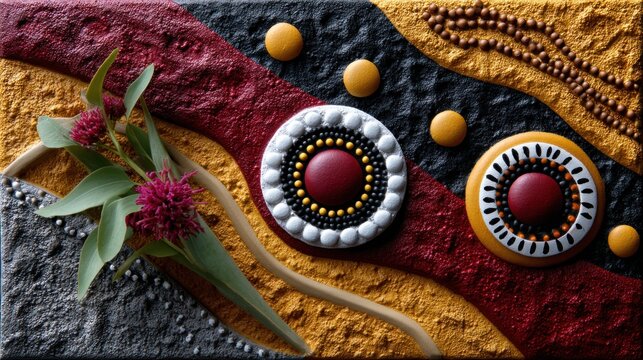 Naidoc festival, indigenous ornamentation, tribal symbols, abstract waves, warm black red yellow, traditional dress, face decoration, cultural ceremony, earth palette, ancestral connection,