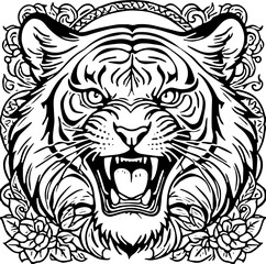 Roaring tiger head, detailed line art tattoo style, black and white vector