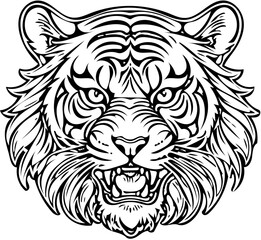 Fototapeta premium Roaring tiger head, detailed line art tattoo style, black and white vector