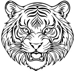 Roaring tiger head, detailed line art tattoo style, black and white vector