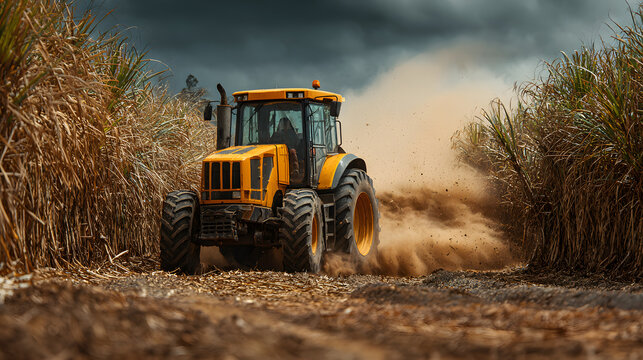 Close-up of heavy machinery harvesting and collecting sugarcane in expansive agricultural field during harvest season