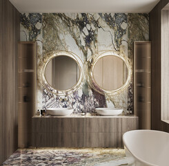 3d visualization of a Luxury Premium Bathroom in natural light and warm Tones Featuring Arabescato Rosa and Botticino Fiorito marble