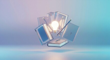 A glowing light bulb, pastel pencils, transparent books against a gradient background. Symbolizes creative ideas, learning, innovation, and artistic expression. Ideal for education or inspiration them