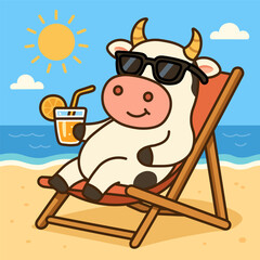 Cartoon Cow on Summer Vacation with Juice, Sunglasses and a Smile