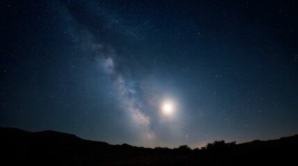 Fototapeta premium Majestic night sky illuminated by the milky way and a glowing moon with silhouetted mountains and trees underneath a vast universe