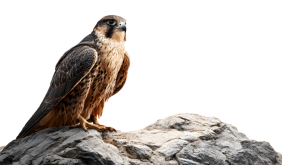 Majestic peregrine falcon perched on a rock observing a bright white background a symbol of freedom and power