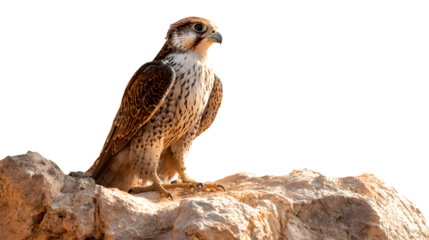 Majestic peregrine falcon perched on rocky outcrop against a bright white sky showcasing avian beauty and powerful grace