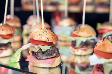 Delicious mini burgers with meat, lettuce, tomato and ham