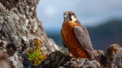 Majestic portrait of a peregrine falcon perched on a rocky outcrop against a blurred natural landscape with vibrant plumage details