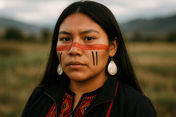 Confident woman with traditional face paint in natural landscape setting. Indigenous Peoples