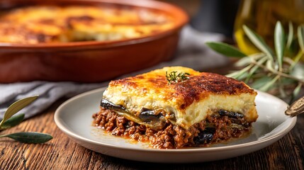 A perfect square slice of moussaka, clearly displaying its layers of eggplant, ground beef and a golden top of b&eacute;chamel sauce, is served on a white plate on a rustic wooden table.