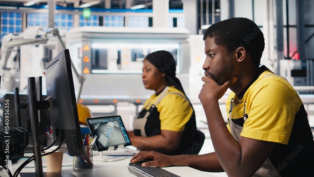 Poster black engineer works on solar software settings in automated factory, optimizing the production proc