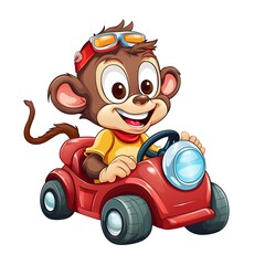 Adorable Little Monkey Driving White Race Car on White Background