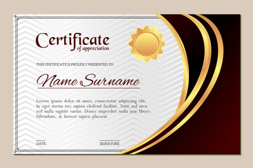 Elegant Certificate of Appreciation Template with Gold Curved Lines and Red Maroon Background