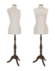 Realistic vector illustration of two female dressmaker mannequins on stands. Tailoring and fashion design forms for garment fitting. Isolated on white background.