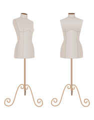 Realistic vector illustration of two female dressmaker mannequins on stands. Tailoring and fashion design forms for garment fitting. Isolated on white background.