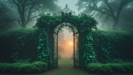 Obraz premium A stunning garden gate framed by lush greenery welcomes you into a mystical, foggy landscape.