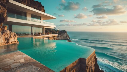 Stunning coastal mansion featuring an infinity pool overlooking the ocean.