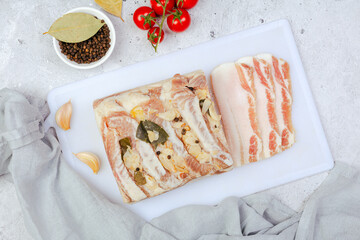 Raw pork fat with garlic. Salo. lard.