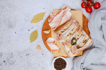 Fatback with spices. Raw pork fat with garlic. Salo. lard.