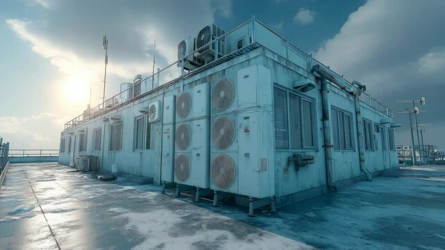 Rooftop HVAC systems under a clear sky with bright sunlight, showcasing industrial air conditioning units in neat rows