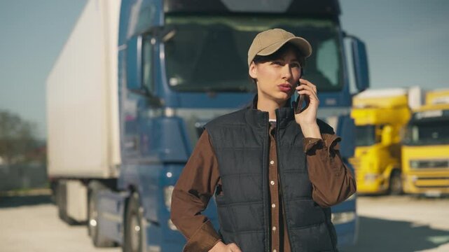 Focused brunette female in baseball cap talking on smartphone at truck lot. Wearing dark vest and brown shirt. Coordinating loading process or updating transport schedule. Remote communication.