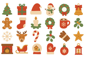 Vector set of Christmas elements including tree, gifts, wreaths, mittens, and gingerbread. Ideal for holiday cards, seasonal decorations, packaging, and festive designs.