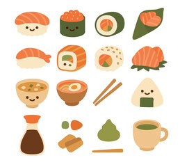 Vector set of cute Japanese food with kawaii faces, including sushi, tofu, tea, and soup. Ideal for kids’ designs, menus, packaging, and fun culinary illustrations.