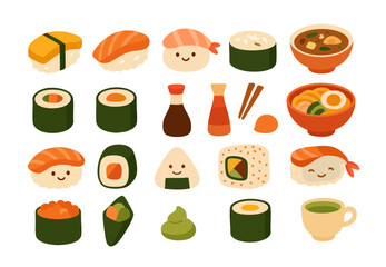 Vector set of cute Japanese food with kawaii faces, including sushi, tofu, tea, and soup. Ideal for kids’ designs, menus, packaging, and fun culinary illustrations.