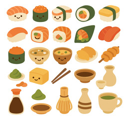Vector set of cute Japanese food with kawaii faces, including sushi, tofu, tea, and soup. Ideal for kids’ designs, menus, packaging, and fun culinary illustrations.