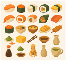 Vector set of Japanese food and drink items including sushi, miso soup, matcha, soy sauce, and chopsticks. Perfect for menus, culinary blogs, packaging, and Asian culture content.