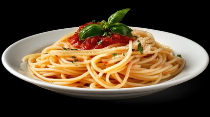 A plate of spaghetti with tomato sauce and parmesan cheese.  Fresh and delicious
