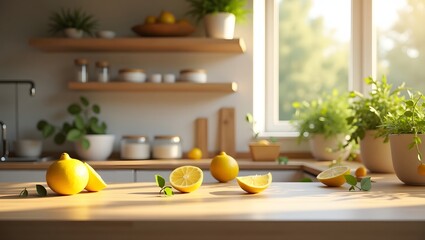 Sunlit Kitchen Counter with Bright Lemons and Natural Wooden Accents 