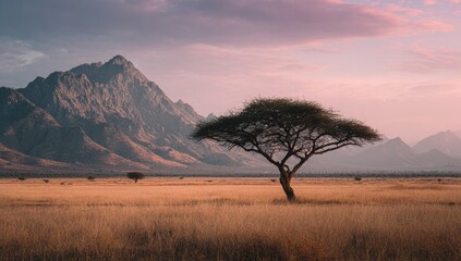 a lone acacia tree in the African savanna with mountains in the background, a pastel sky, muted colors Generative AI