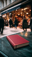 Burgundy cover book resting on a bookstore table outdoors warm natural light highlighting a quiet literary moment.